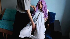 Cute purple haired teen strokes and licks my monster cock