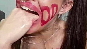 Brunette pigtail lover spits food fetish mess over big ass curves