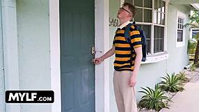 Bombshell milf Elisa Bethann rides nerdy neighbor's cock cowgirl style cums on her huge fake tits