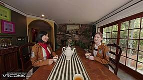 Mikasa and Historia slurp huge cock in sexy AOT FFM cosplay VR