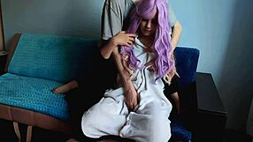 Cute purple haired teen strokes and licks my monster cock