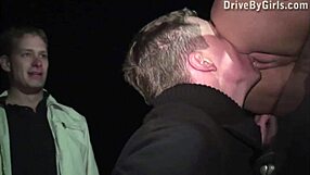 pretty blonde model blows and fucks random guys on public street orgy