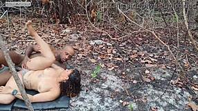 caught this hot brunette milf sucking neighbor's huge cock in the woods