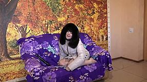 Mature brunette milf sucks huge dildo in furry hood coat positions