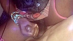 Mature Ebony Shemale Strokes Her Thick Cock and Plays with Tits Solo