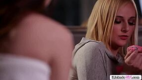 blonde lesbian sniffs roommate panties then licks shaved pussy