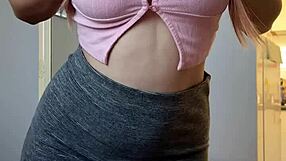 Step Sis Strips Petite Shaved Pussy Fingers Dildo Orgasm in Front!