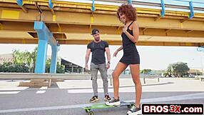hot-blooded brazilian babe takes public anal ride on longboard with big black cock