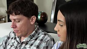 stepsis gags on stepbro's huge cock right on the sofa