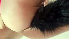 petite babysitter sneaks buttplug in while riding skinny dildo on her tight narrow ass pussy