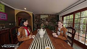 Mikasa and Historia slurp huge cock in sexy AOT FFM cosplay VR