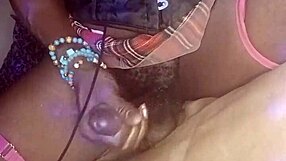 Mature Ebony Shemale Strokes Her Thick Cock and Plays with Tits Solo