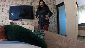 Watch this curvy milf goddess deepthroat cock close-up in leather hood jacket