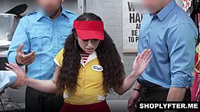 Petite 18yo Pixie Uses Sexy Body on Security to Escape Stealing Charges Gangbang Style