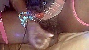 Mature Ebony Shemale Strokes Her Thick Cock and Plays with Tits Solo