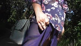 Hairy chubby mature flashes wet beaver upskirt in public park