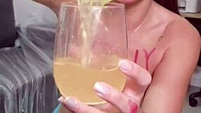 Brunette pigtail lover spits food fetish mess over big ass curves