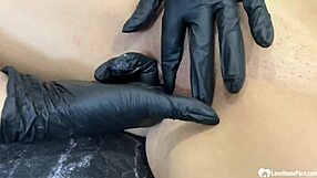 Hot gloved babes finger shaved pussies and lick each other wildly