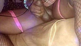 Mature Ebony Shemale Strokes Her Thick Cock and Plays with Tits Solo