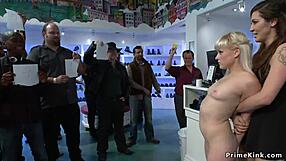 gagged blonde slut bound and pounded hard in crowded public shop