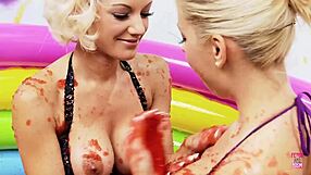Amazing Bitch Lou Lou Wrestles Lesbian Friend In Jelly