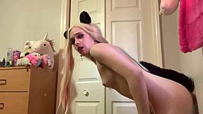 petite babysitter sneaks buttplug in while riding skinny dildo on her tight narrow ass pussy