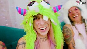 tattooed skinny sluts ride dildos lick pussies in wild costume orgy