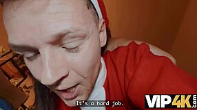 santa unloads cumshot reward on good girl's shaved pussy after christmas cosplay