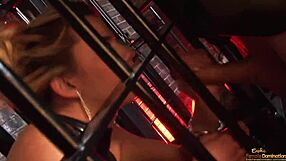 sexy blonde locked in cage takes group deepthroat cum facial from monster cocks