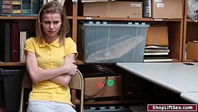 petite teen shoplifter deepthroats blows then fucked hard in office