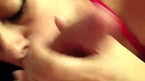 red milf gulps cock with intense blowjob suction
