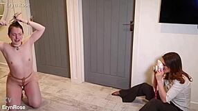 Submissive Slave Gets Head Shaved Barefoot in Femdom Bondage Humiliation.