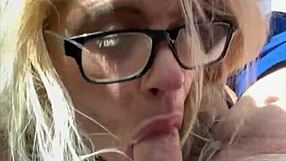 Glasses Hooker Kneels Public for Old Man's Cum Cash?