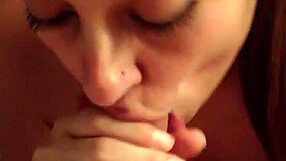 red milf gulps cock with intense blowjob suction