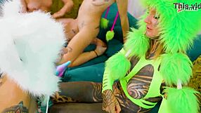 tattooed skinny sluts ride dildos lick pussies in wild costume orgy