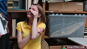 petite teen shoplifter deepthroats blows then fucked hard in office