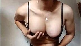 amateur shemale in black bra stockings squirts cum on cloth with dildo