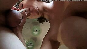 brunette chokes on monster cock between huge saggy natural tits