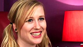 Naughty stunner swallows all jizz from blowbang facial and handjob