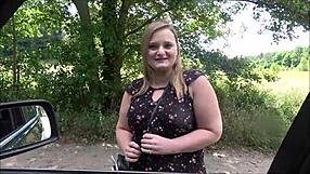 Blonde big tits slut bends over car for German AO creampie from monster cock outdoors