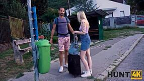 dirty pickup girl blindfolded for old man's cash sex while boyfriend watches outdoor