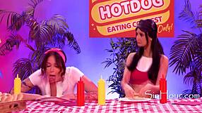 Dkye wets her strapon fingering petite latina in hotdog lesbian contest 😈👅