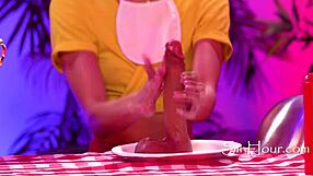 Dkye wets her strapon fingering petite latina in hotdog lesbian contest 😈👅