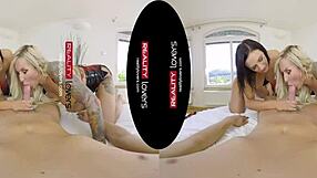 Two fetish milfs in latex heels take double blowjob doggystyle in threesome pounding