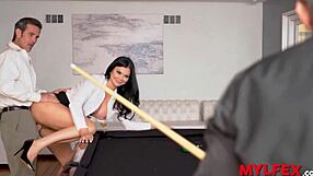 Bombastic secretary bangs bosses bareback in billiards double penetration threesome