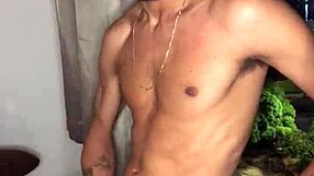 Naughty boy jerks off huge load at building window with handjob tease.