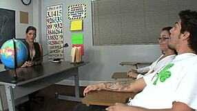 Busty Angelina Castro's Classroom 3way Footjob and Blowjob Cumshot Frenzy