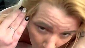 Facial explodes on topless hooker's face after bareback BJ!