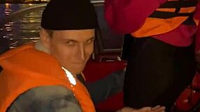 Curvy Asian students surprise guy with sloppy double blowjob and cum kisses on public boat