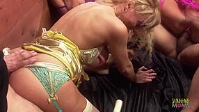 exhausted miners morale skyrockets from group pounding brunette and blonde milfs in heels heels flying everywhere